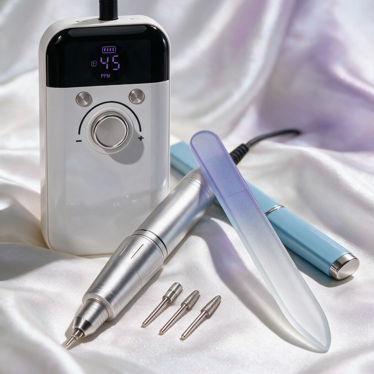 Coffret manucure SÉVANE Nacre : ponceuse à ongles électrique et lime en verre bleu lavande sur une soie nacrée