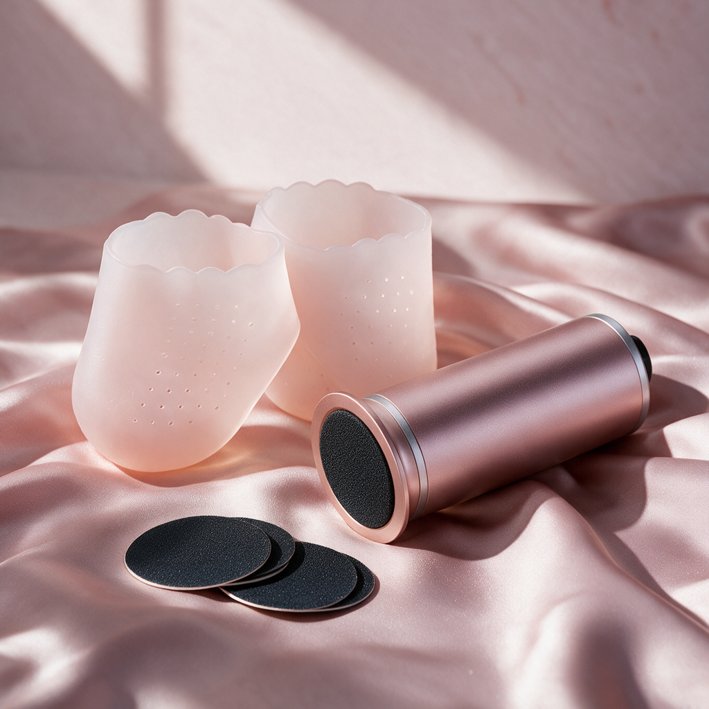 Rituel Complet SÉVANE : râpe Glow, disques et protège-talons en gel sur une soie rose
